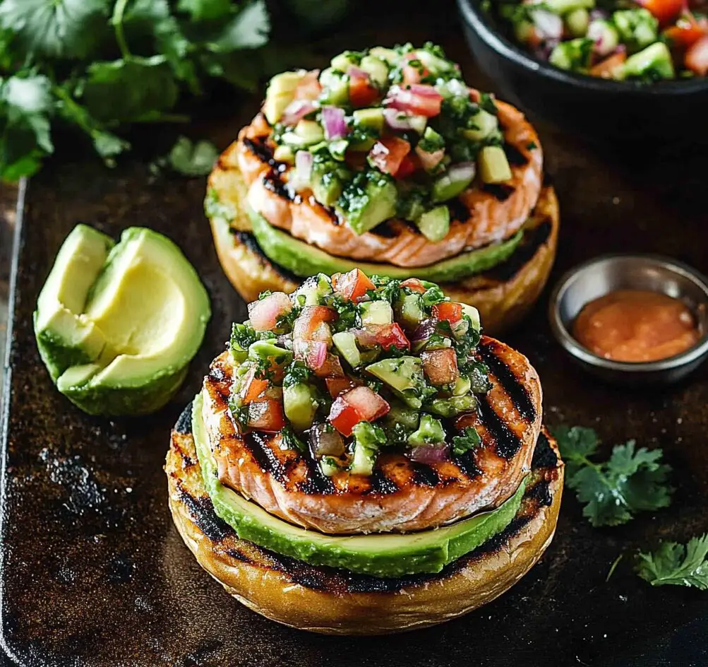 Grilled Salmon Burgers with Avocado Salsa