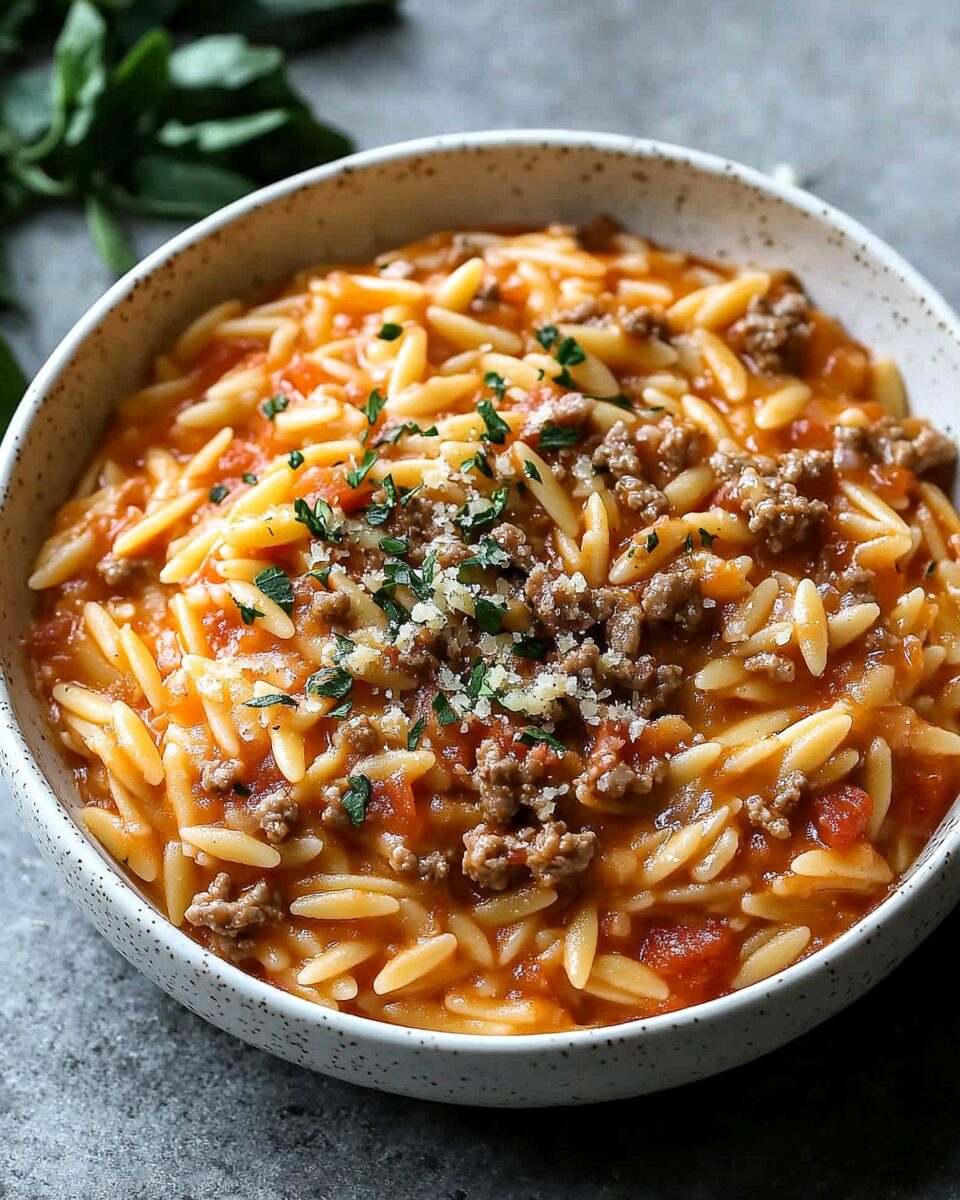 Creamy Tomato Orzo with Ground Beef