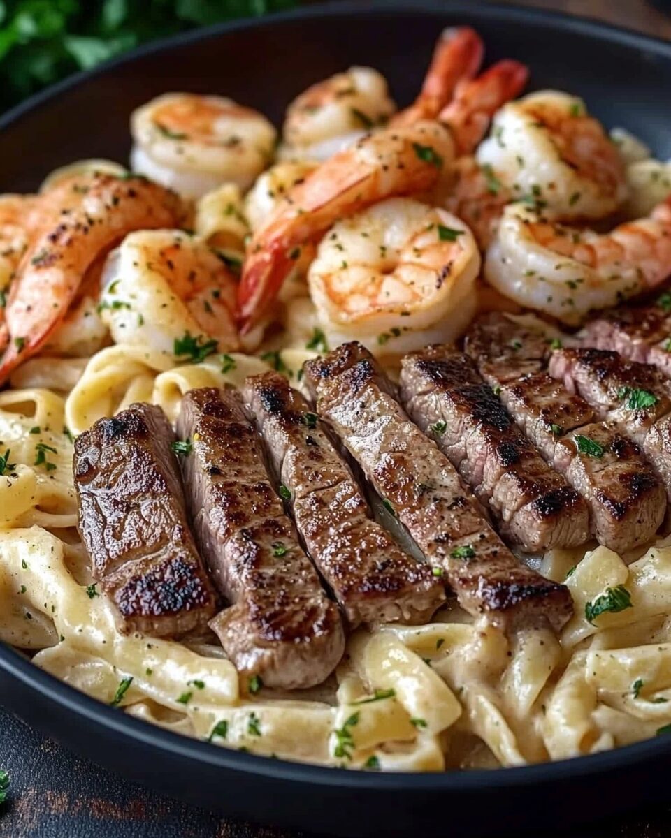 Steak and Shrimp Alfredo Pasta