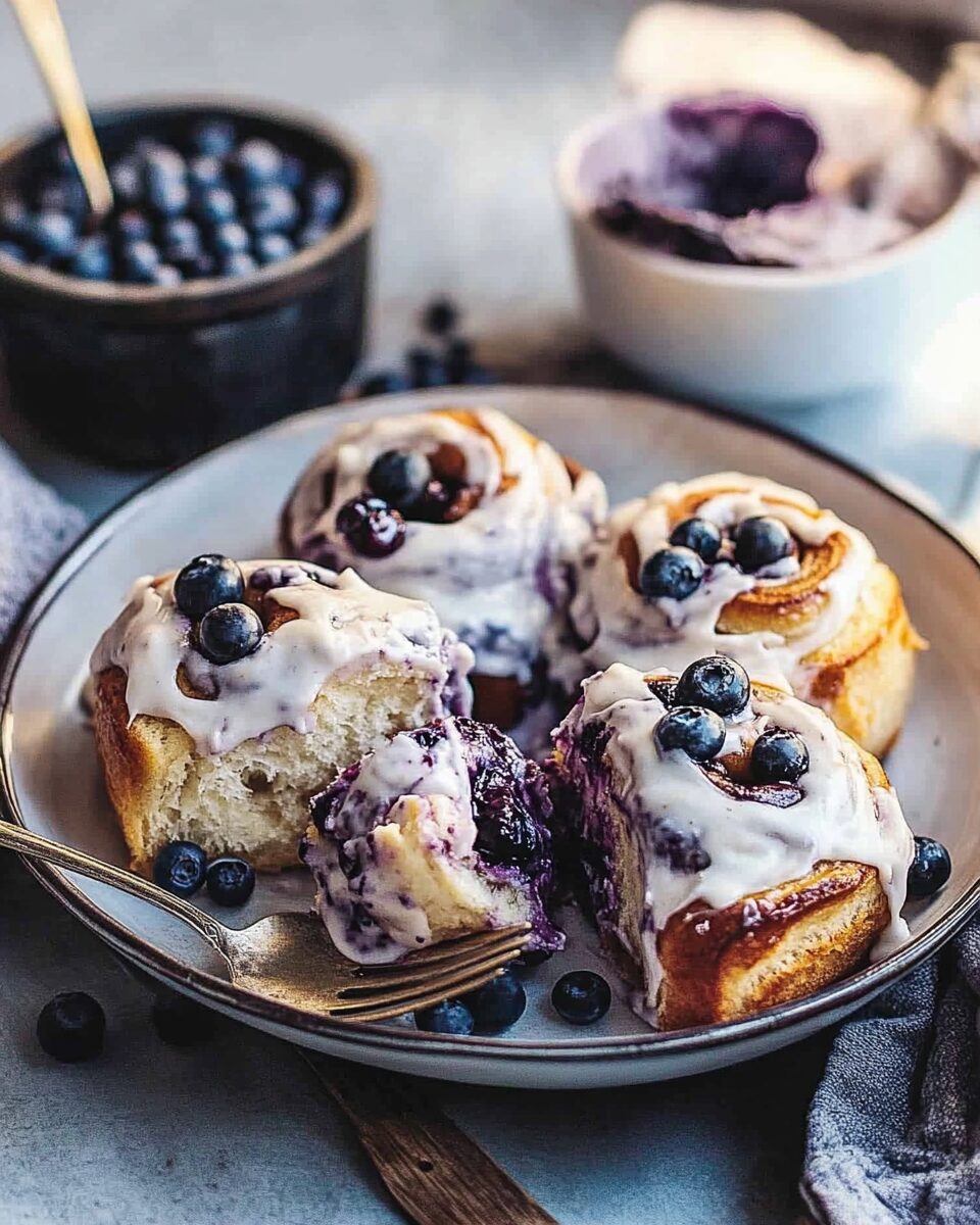 Brioche Cinnamon Rolls with Blueberry and Cream Cheese Frosting
