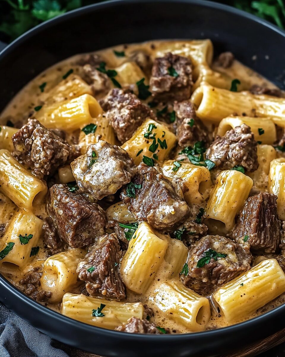 Beef With Pasta in Creamy Garlic Sauce