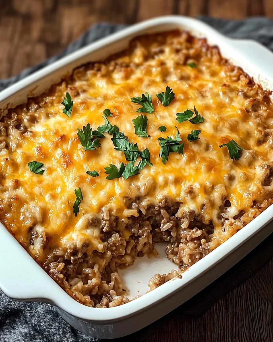 Cheesy Cheddar Beef and Rice Casserole