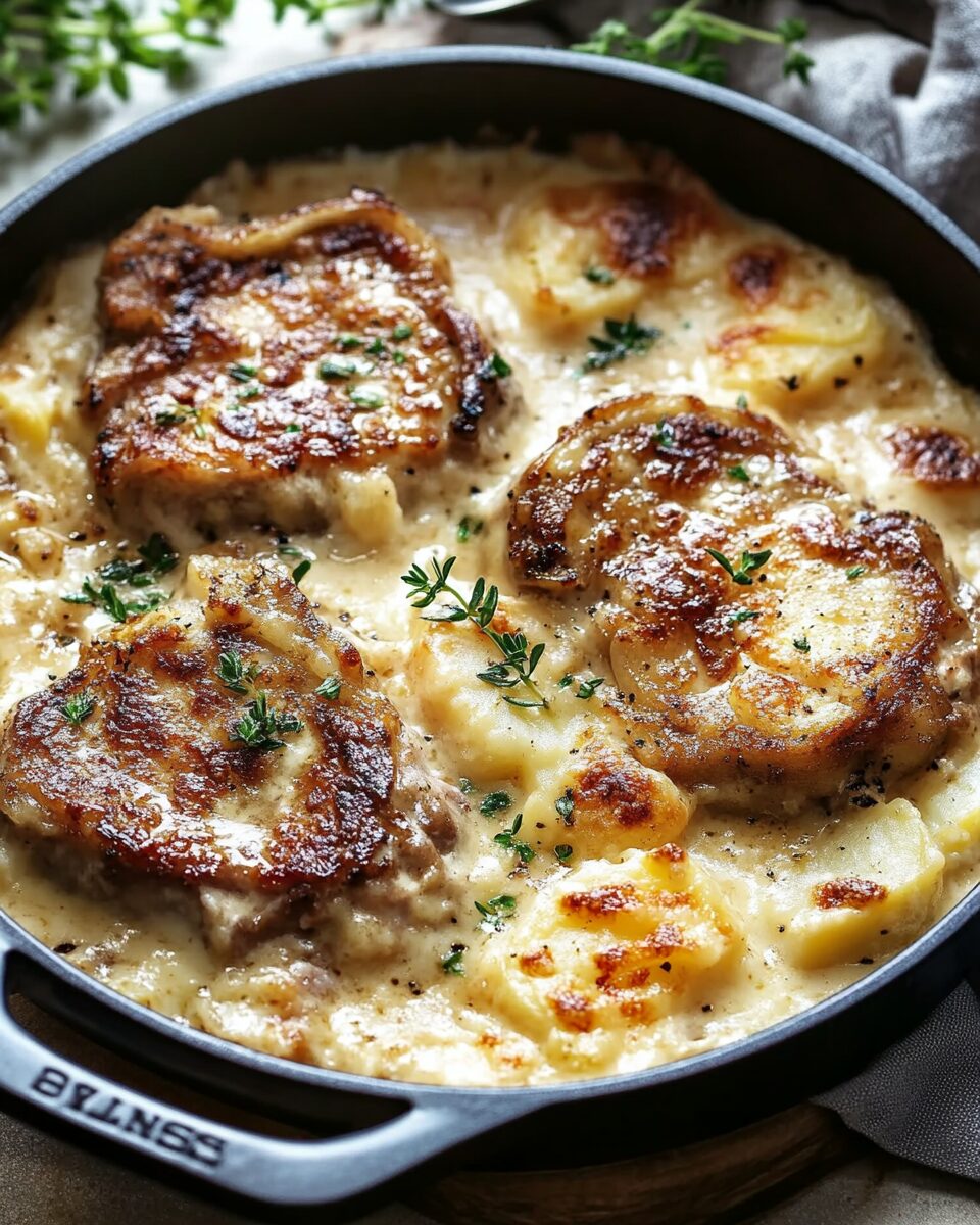 Creamy Pork Chops over Cheesy Scalloped Potatoes