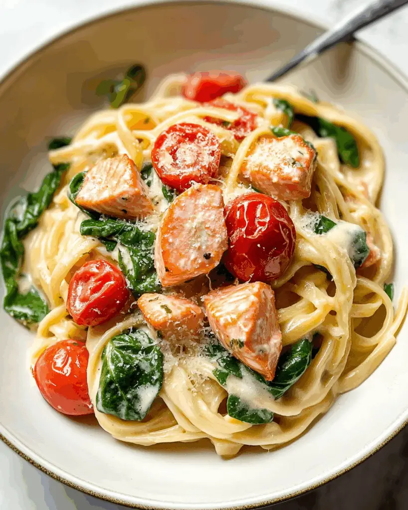 Creamy Tomato Spinach Salmon Pasta