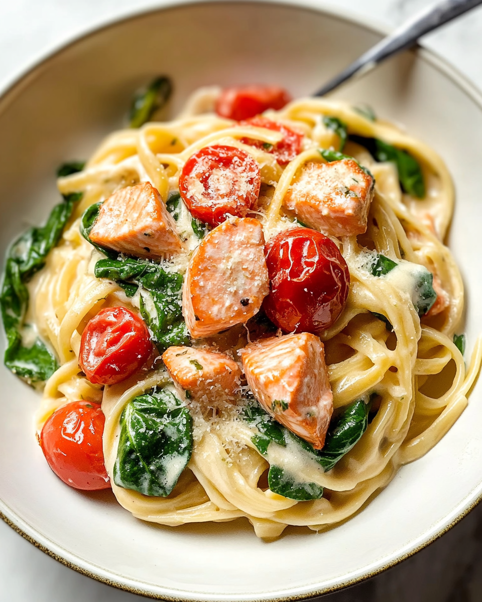 Creamy Tomato Spinach Salmon Pasta