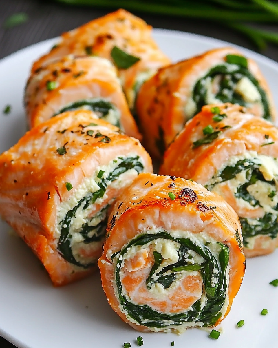Spinach Feta Stuffed Salmon Pinwheels