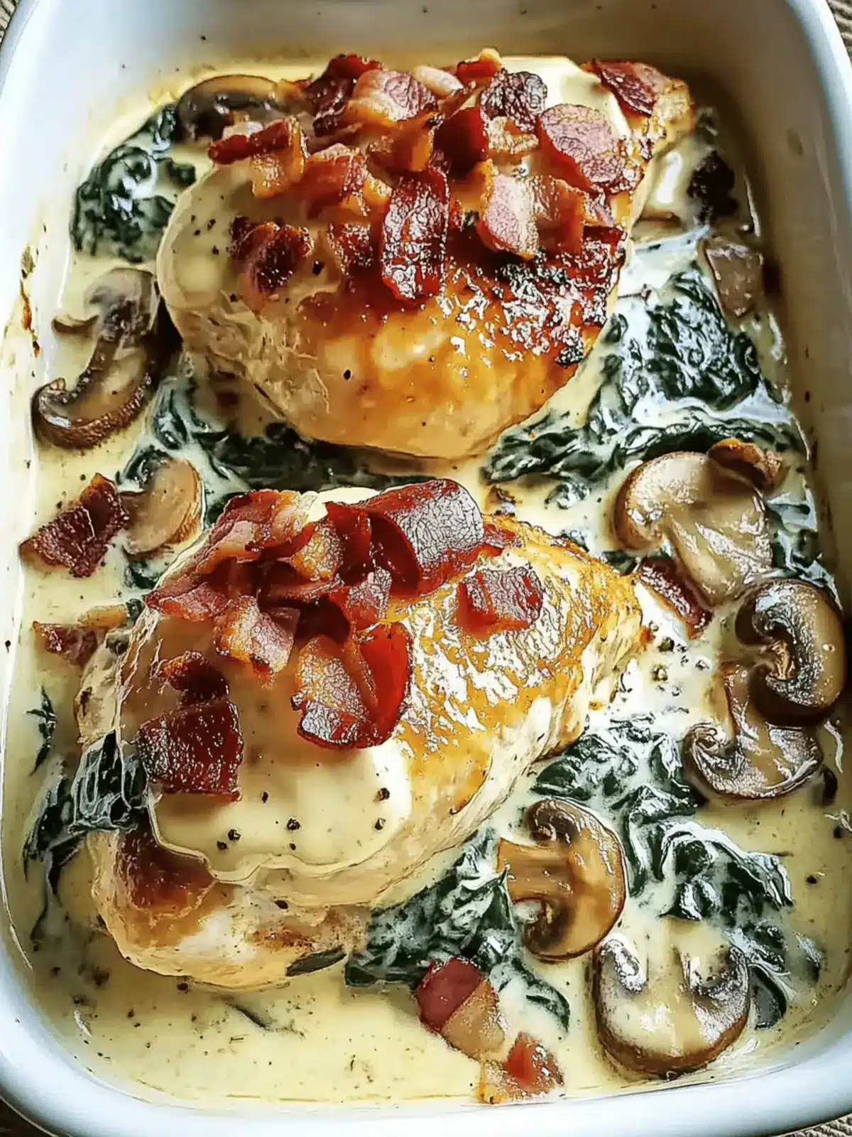 Comforting Smothered Chicken with Creamed Spinach, Bacon, Mushrooms