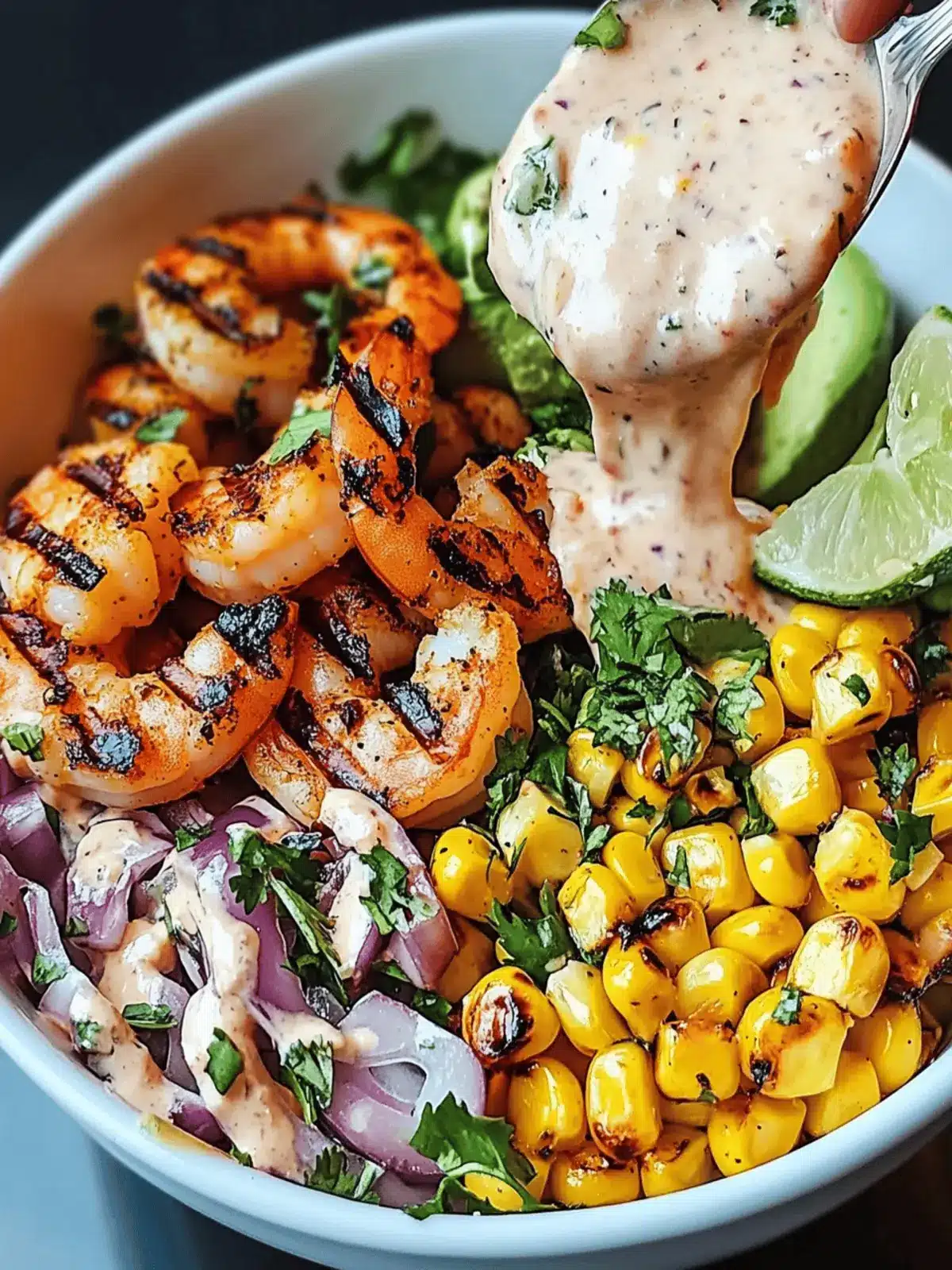 Grilled Shrimp Bowl with Corn Salsa & Creamy Sauce