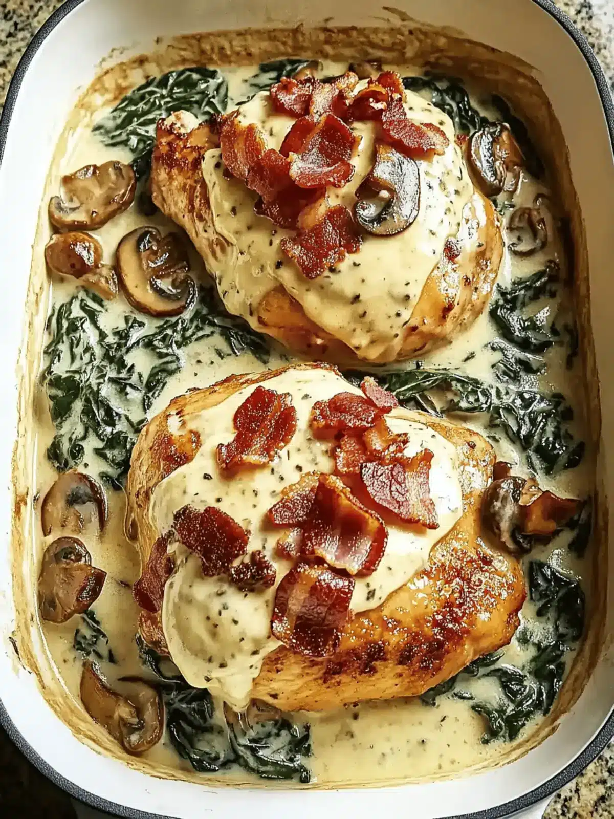 Comforting Smothered Chicken with Creamed Spinach, Bacon, Mushrooms