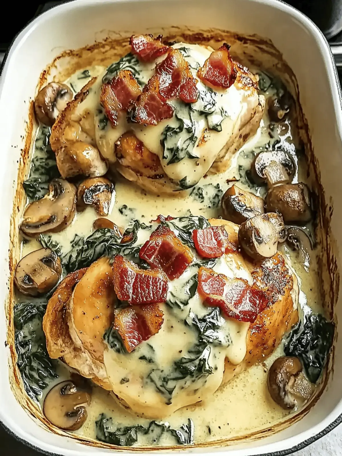 Comforting Smothered Chicken with Creamed Spinach, Bacon, Mushrooms