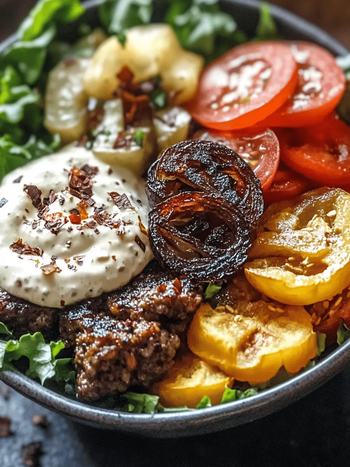 Burger Bowls with Caramelized Onion Aioli