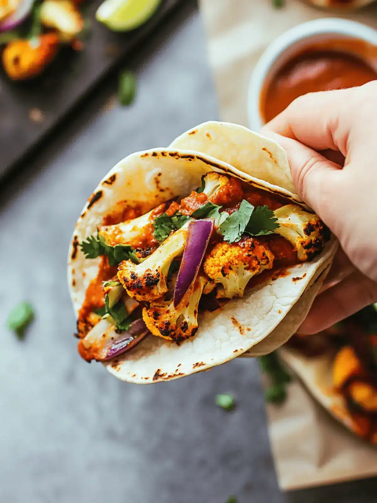 Roasted Cauliflower Tacos with Chipotle Romesco
