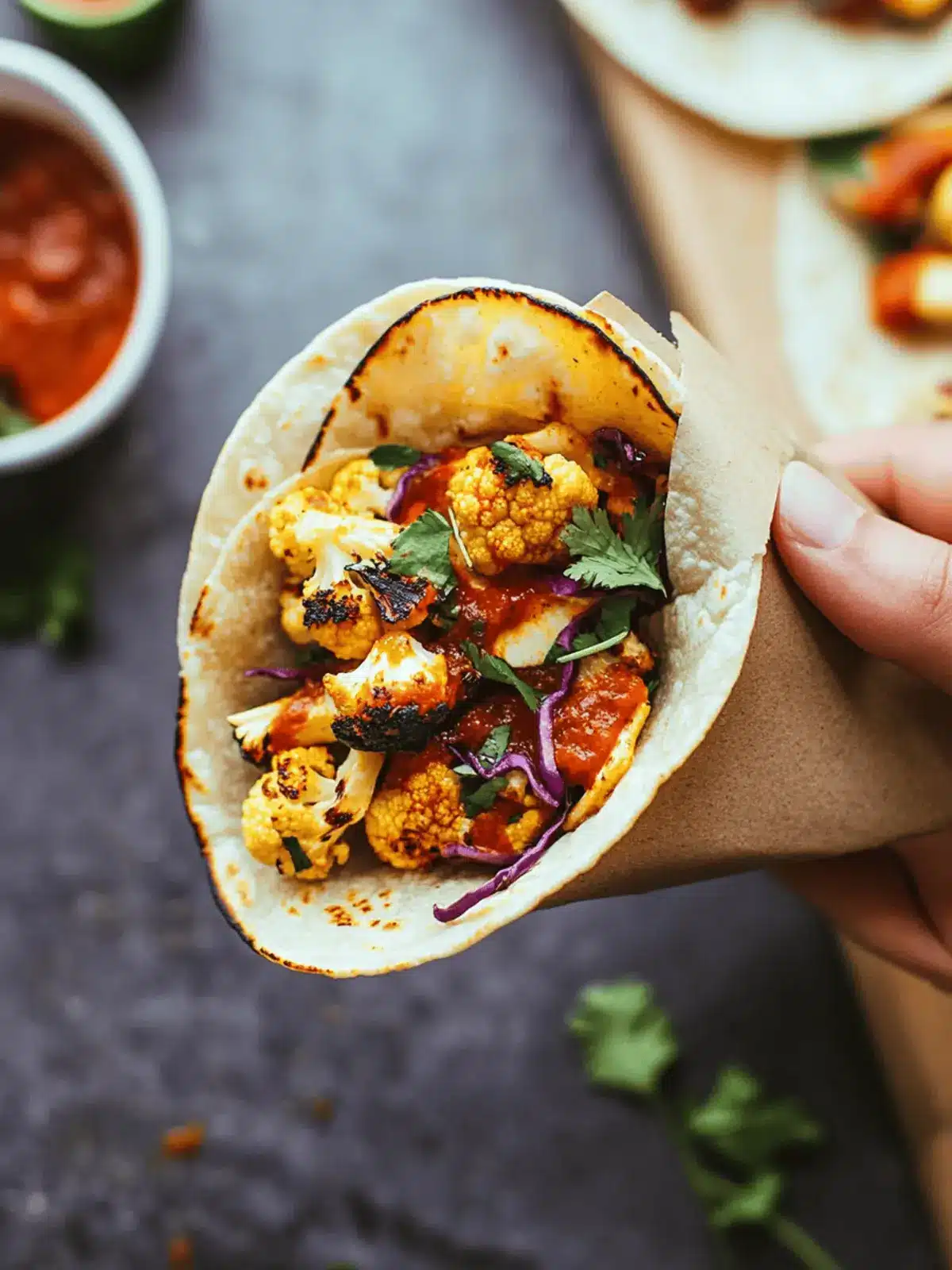 Roasted Cauliflower Tacos with Chipotle Romesco